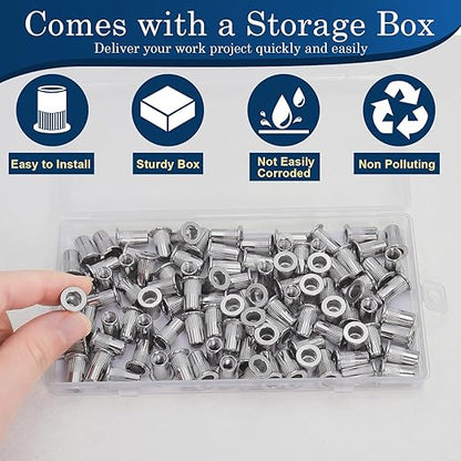 M5 Rivet Nuts, 100Pcs 304 Stainless Steel Flat Head Rivnut Threaded Insert Nutsert