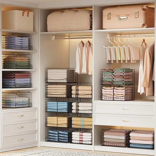 JKsmart 5-Tier Stackable Closet Organizers and Storage Shelves,Extend Clothing Closet Shelf Bins for Jeans Pants Sweaters - Wardrobe Cupboard Clothes Organizer System-Wider Mouth Design