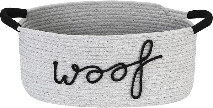 Sea Team Dog Toy Storage Basket with Handles, 16.5 x 11 x 7 Inches, 4.4 Gallons Large Cotton Rope Storage Bin, Shelf Basket, Organizer for Pet Chew Toys, Foods, Grey Woof