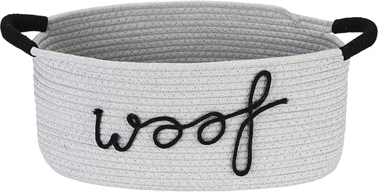 Sea Team Dog Toy Storage Basket with Handles, 16.5 x 11 x 7 Inches, 4.4 Gallons Large Cotton Rope Storage Bin, Shelf Basket, Organizer for Pet Chew Toys, Foods, Grey Woof