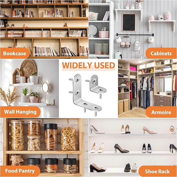 32 PCS L Bracket, Heavy Duty L Brackets for Wood Shelves, with 100* Screws, 90 Degree Stainless Steel Corner Angle Bracket Metal Shelf Brackets Corner Cabinet, 16*(1.6x1.6in), 16*(0.8x0.8in)
