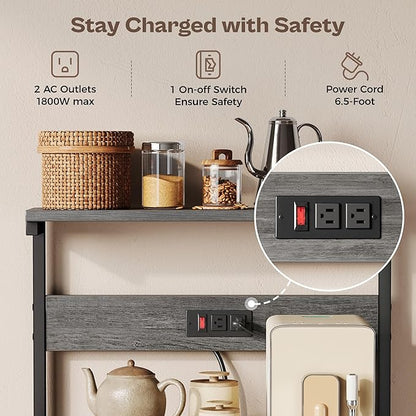 SUPERJARE Kitchen Bakers Rack with Power Outlet, Coffee Bar Table 4 Tiers, Kitchen Microwave Stand with 6 S-Shaped Hooks, Storage Shelf Rack for Spices, Pots and Pans - Charcoal Gray