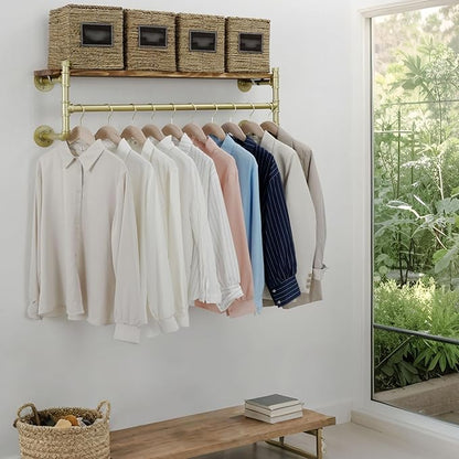 WEBI Wall Mounted Clothes Rack with Shelf,41.3" Industrial Pipe Clothing Rack with Shelf with Hanging Rod,Heavy Duty Iron Garment Rack Bar,Retail Display Clothes Rod for Laundry Room,Closet,Gold