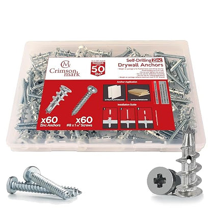 120Pcs Zinc Self Drilling Drywall Anchors and Screws kit #8 x 1-1/4”- Metal Wall Anchors for Drywall Heavy Duty, Holds Upto 50lbs – No Drill Hole Required with Dry Wall Screws and Anchors