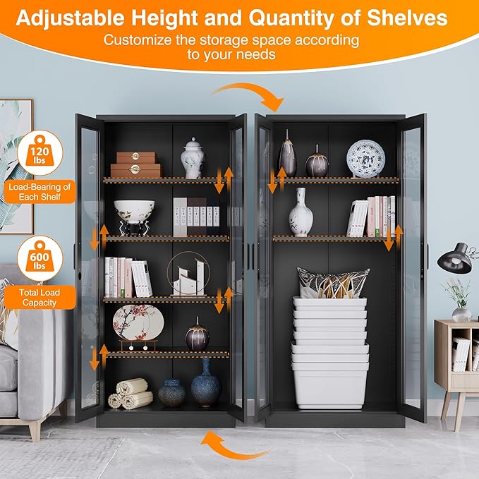 Glass Display Cabinet with 4 Adjustable Shelves, 71" Tall Curio Cabine with Tempered Glass Door, Liquor Cabinet with Lock, 5-Tier Bookcase Storage Cabinet for Home, Study, Living Room (Black)