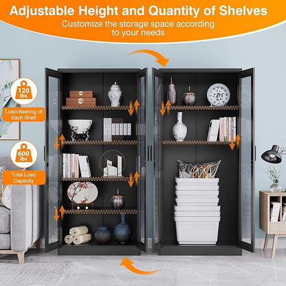 Glass Display Cabinet with 4 Adjustable Shelves, 71" Tall Curio Cabine with Tempered Glass Door, Liquor Cabinet with Lock, 5-Tier Bookcase Storage Cabinet for Home, Study, Living Room (Black)