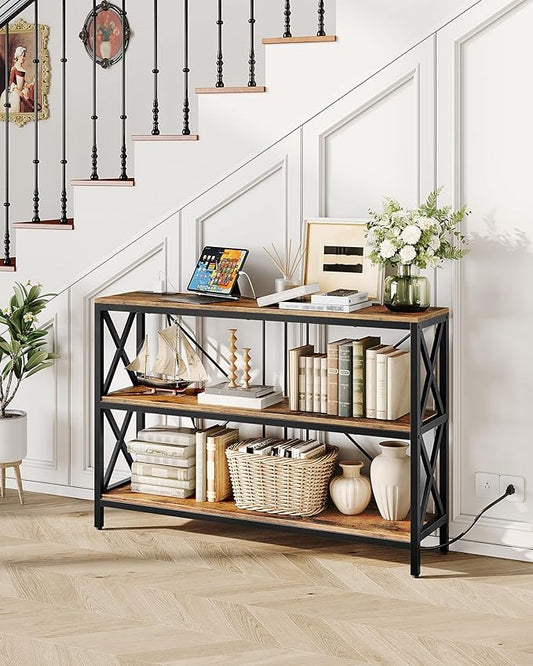 47.2" Console Table with Charging Station, 3-Tier Entryway Table, Industrial Sofa Desk, Hallway Desk with 2 AC Outlets and 2 USB Ports Metal Frame, Rustic Brown and Black TXG01UBF