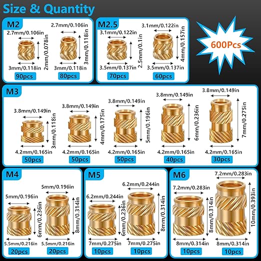 600+7Pcs M2 M2.5 M3 M4 M5 M6 Premium Brass Threaded Inserts, Metric Brass Knurled Nuts Assortment Kit, with Heat Set Insert Tool, for Plastic and 3D Printing Components, All-in-one Solutions