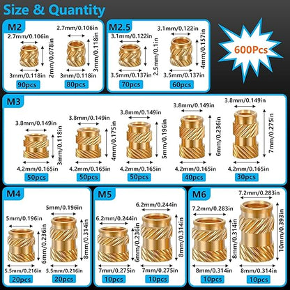 600+7Pcs M2 M2.5 M3 M4 M5 M6 Premium Brass Threaded Inserts, Metric Brass Knurled Nuts Assortment Kit, with Heat Set Insert Tool, for Plastic and 3D Printing Components, All-in-one Solutions