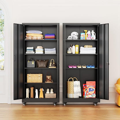INTERGREAT Metal Storage Cabinet with Wheels, 73" Rolling Storage Cabinets with Door and 4 Shelves, Tall Storage Cabinets Locker on Caster for Home, Office(Black)