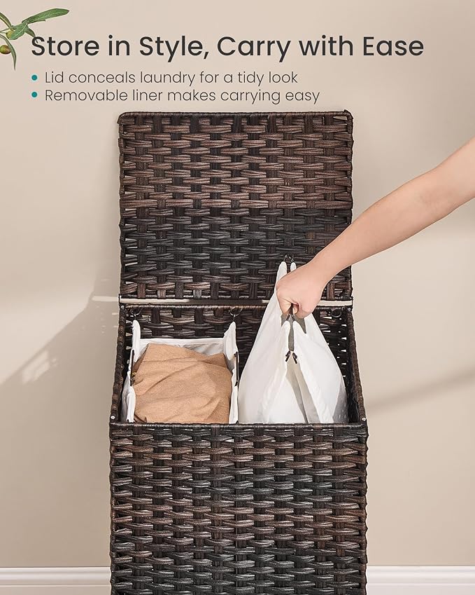 SONGMICS 2-Section Laundry Hamper with Lid, 29 Gal (110L) PE Rattan Laundry Basket with Removable Washable Liners, for Bedroom & Living Room, Chestnut Brown ULCB222ME01