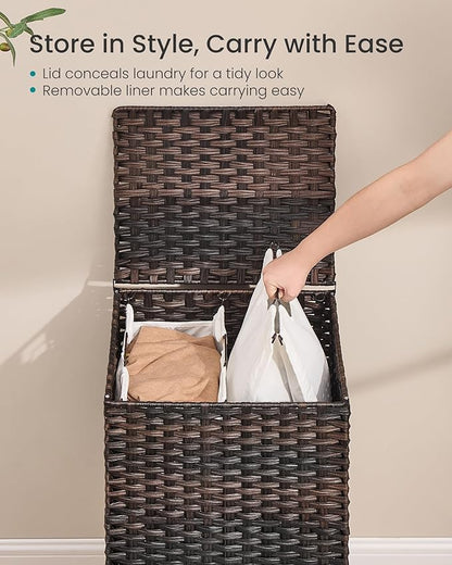 SONGMICS 2-Section Laundry Hamper with Lid, 29 Gal (110L) PE Rattan Laundry Basket with Removable Washable Liners, for Bedroom & Living Room, Chestnut Brown ULCB222ME01