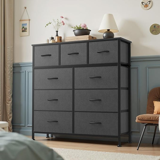 OLIXIS 9 Drawer Storage Dresser with Wood Top - Wide Fabric Chest Organizer for Bedroom, Closet, Living Room,Tower Cabinet, TV Stand, Hallway Entryway Furniture,Heather Gray