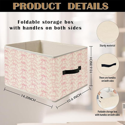 Pink Coquette Bow Floral Storage Bin Box with Handles, French Country Rustic Pink Flower Foldable Organizer Basket Toybox for Girls Room Dorm Bedroom Bathroom Clothes Toys Books