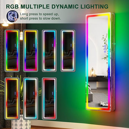 HNEBC LED Mirror Jewelry Cabinet with RGB Lights,47.2" Wall Mounted Jewelry Organizer with Full-Length Mirror,Over The Door Hanging Jewelry Armoire Storage Cabinet,Folding Dresser,2 Drawers,Lockable