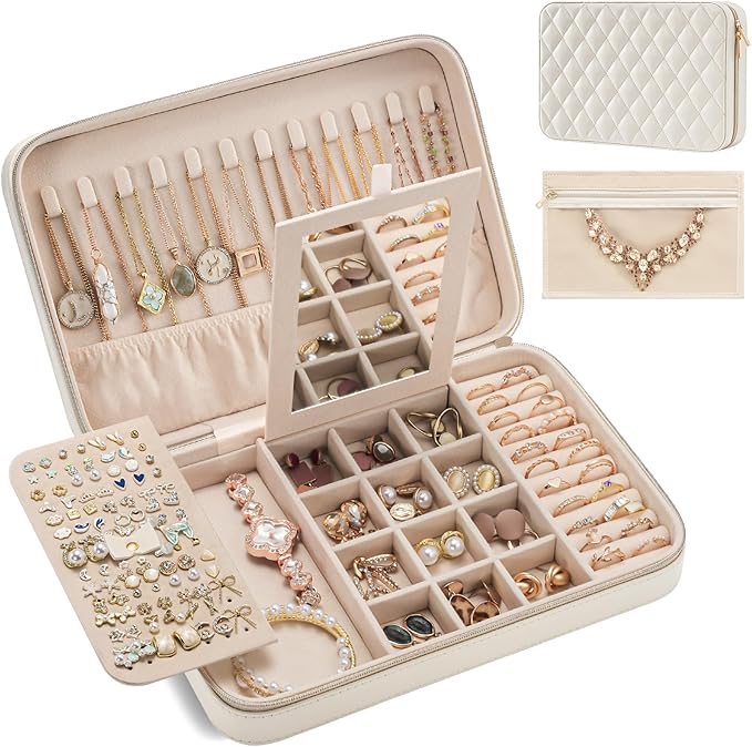 Lolalet Travel Jewelry Case for Women Girls, Travel Jewelry Organizer Box with Mirror & Clear Storage Bag, Small Portable Earring Necklace Bracelet Ring Case, Birthday Valentine Gifts -Large, White