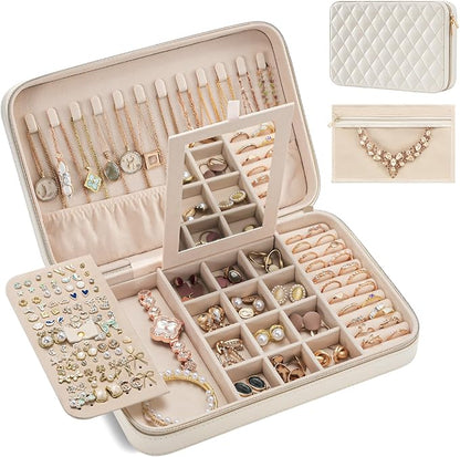 Lolalet Travel Jewelry Case for Women Girls, Travel Jewelry Organizer Box with Mirror & Clear Storage Bag, Small Portable Earring Necklace Bracelet Ring Case, Birthday Valentine Gifts -Large, White