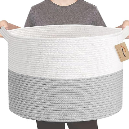 XXXL Large Cotton Rope Storage Bin, 22" X 14" Basket for Blankets Living Room, Woven Baby Kids Toy Storage Bin Box, Giant Throw Pillow Organizer Holder, Large Wicker Basket for Shoes, Gray