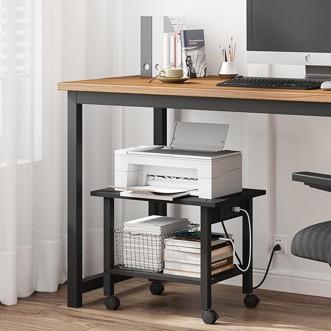 TUTOTAK 2 Tier Printer Stand, Rolling Printer Cart with Power Outlets and USB Ports, Mobile Printer Table with Wheels, for Under Desk, Office, Home, Black PS01BK001P