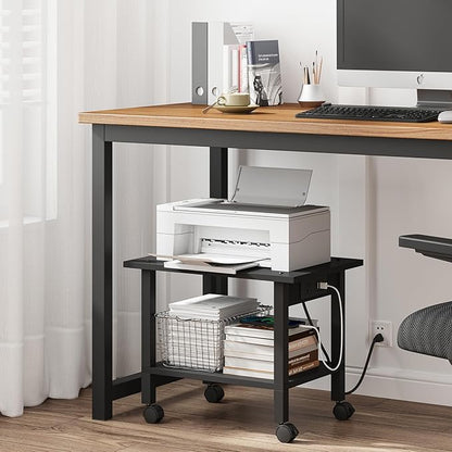 TUTOTAK 2 Tier Printer Stand, Rolling Printer Cart with Power Outlets and USB Ports, Mobile Printer Table with Wheels, for Under Desk, Office, Home, Black PS01BK001P