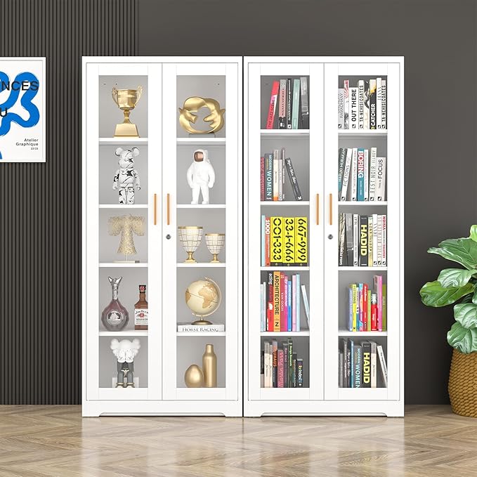 Display Cabinet with Glass Doors, 71'' Tall Curio Cabinets with Lock, Metal Glass Display Case for Collectibles, Living Room, School, Commercial, White, Assemble Required