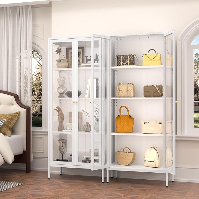 Glass Display Cabinet with Glass Doors, White Curio Cabinet with 3 Side Tempered Glass, 66" Tall Bookcase Display Case for Collectibles, Metal Storage Cabinet for Living Room, Assemble Required