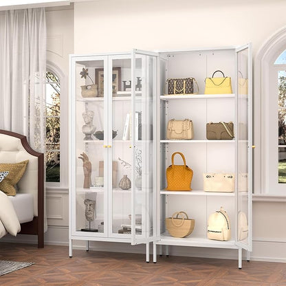 Glass Display Cabinet with Glass Doors, White Curio Cabinet with 3 Side Tempered Glass, 66" Tall Bookcase Display Case for Collectibles, Metal Storage Cabinet for Living Room, Assemble Required