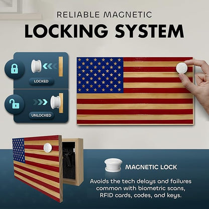 American Flag Hidden Gun Safe - Quick Access Hidden Gun Shelf - Concealment Shelf with Magnetic Lock - Wall Gun Safe for Secure Firearm Storage - Handcrafted In USA by Bellewood Designs (Red & Blue)