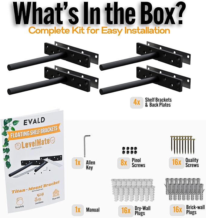 EVALD LevelMate™ 6" Titan-Mount Floating Shelf Brackets | Heavy Duty Hidden Black Carbon Steel Wall Supports for Wood Mantel, Bookshelf, Kitchen & Office Shelving | Invisible Bracket Hardware (4 Pack)