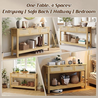 Luoxiao 47" Console Table with Charging Station & USB-C, Slim Entryway Table with 3 Rattan Drawers, Narrow Sofa Table Behind Couch for Living Room, Hallway, Foyer, Modern Wood Entry Table, Natural