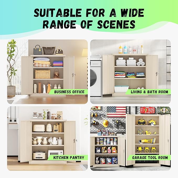 Bonusall Metal Garage Storage Cabinet, 36" H Locking Cabinets with 2 Adjustable Shelves,2 Door Small Pantry Storage for Home Office, Kitchen, Bathroom(Grey)