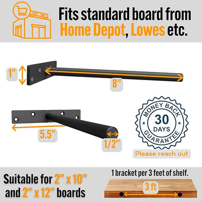 EVALD Heavy Duty Floating Shelf Bracket | 8-Inch Floating Mantel Mount, Blind Shelf Supports, and Anchors | Floating Shelf Hardware for Home and Office Decor | Fireplace Mantel Brackets (6 Pack)