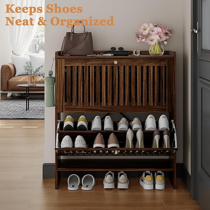 wanan 31.5" Shoe Cabinet with 2 Flip Slatted Drawers, Adjustable & Removable Panels, Narrow Shoe Cabinet Storage for Entryway, Hallway, Shoe Rack Organizer Cabinet, Walnut
