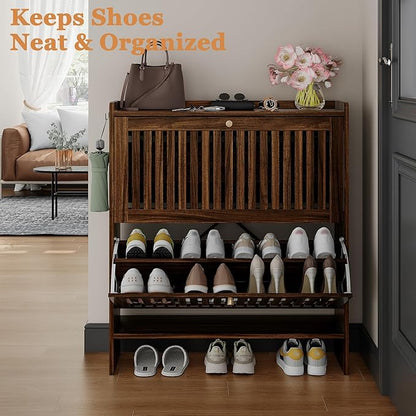 wanan 31.5" Shoe Cabinet with 2 Flip Slatted Drawers, Adjustable & Removable Panels, Narrow Shoe Cabinet Storage for Entryway, Hallway, Shoe Rack Organizer Cabinet, Walnut