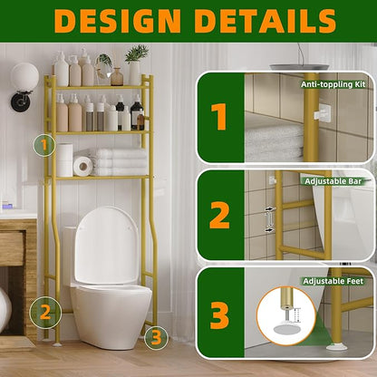 3-Tier Over The Toilet Storage, Space Saver Metal Bathroom Shelves, Freestanding Above Over Toilet Storage Shelf with 4 Hooks for Bathroom, Gold