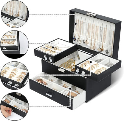 Dajasan Jewelry Organizer Box, Large Jewelry Boxes for Women Girls, Compact 3 Layers Jewelry Storage Case with Drawer, Movable Metal Stand, Modern, Gift Idea (Black)