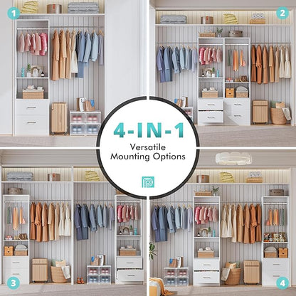 11 Ft Expandable Closet System, 6.7 Ft High Wood Closet Organizer with 4 Drawers & 4 Hanging Rods, Modular Wardrobe Storage Rack with Adjustable Shelves for Walk-in Bedroom, White