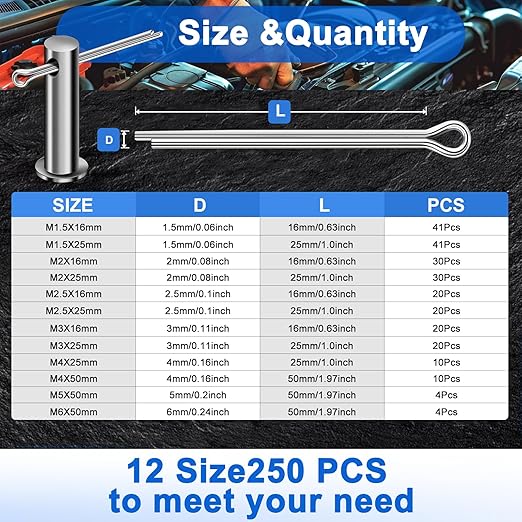 250PCS Cotter Pin Assortment Kit, 12 Sizes, 304 Stainless Steel, Hardware Pins for Trailer, Truck, Tractor, Automotive, Hitch and Locking Systems
