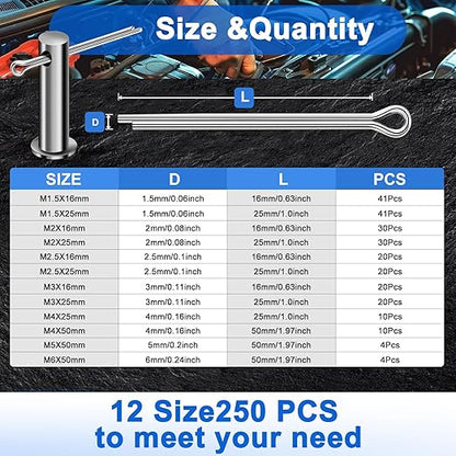 250PCS Cotter Pin Assortment Kit, 12 Sizes, 304 Stainless Steel, Hardware Pins for Trailer, Truck, Tractor, Automotive, Hitch and Locking Systems