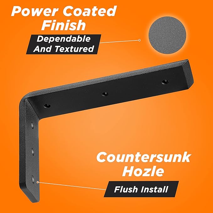 BATODA 10” Countertop Support Steel Brackets (2 PCS) for Large Granite - Heavy Duty L Floating Shelf Bracket - Black Metal Wall Mounted Support for Wood Shelving