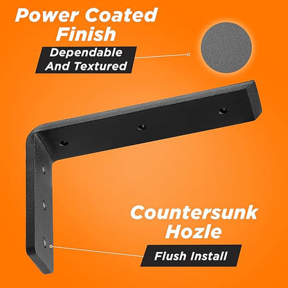 BATODA 10” Countertop Support Steel Brackets (2 PCS) for Large Granite - Heavy Duty L Floating Shelf Bracket - Black Metal Wall Mounted Support for Wood Shelving
