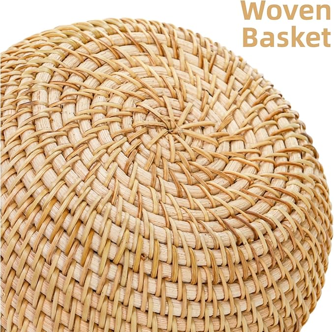 Small Rattan Basket Box with Lid, Round Handmade Woven Storage Basket, Multi-purpose Wicker Bowl Decorative Organizer for Shelf, Home, Bathroom Decor