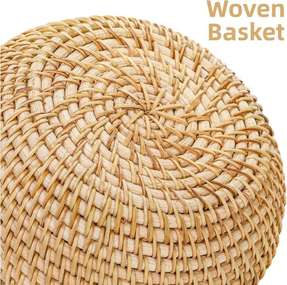 Small Rattan Basket Box with Lid, Round Handmade Woven Storage Basket, Multi-purpose Wicker Bowl Decorative Organizer for Shelf, Home, Bathroom Decor