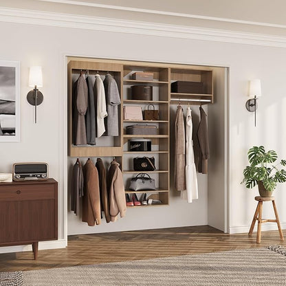 ROOMTEC Modular Closet System, 72" Wall-Mounted Closet Organizer with Hanging Rods, Modern Wooden Tower for Walk-In Closets, Wardrobe Storage Kit, Wood