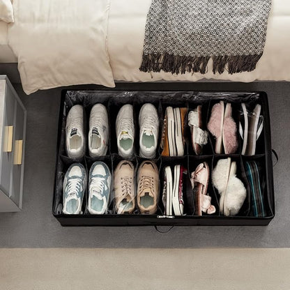 Lifewit Under Bed Shoe Storage Organizer 4 Pack(2x16 Pairs+2x4 Pairs), 4.3" Tall Fabric Shoes Container Box, Foldable Closet Shoe Bag with 2 Reinforced Handles and Clear Cover, Black
