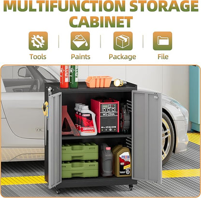 Garage Storage Cabinet with Wheels, Metal Storage Cabinets for Hanging Tools, Rolling Tool Cabinet, 34''H Heavy Duty & Rust Resistant Storage Cabinet for Garage, Warehouse, Office