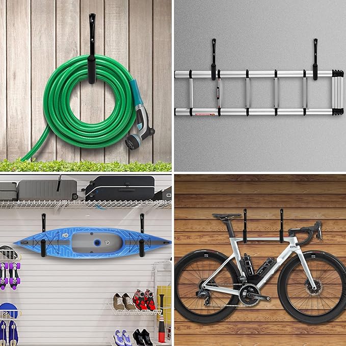 KURUI Heavy Duty Garage Storage Hooks, 100 LB (15") Wall Mount Kayak Rack for Hanging Indoor/Outdoor, 8 Pack Large Wall Hook for Ladder Surfboards, Black Organization Hangers, Kayak Accessories