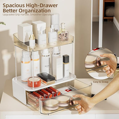Delamu 3-Tier Bathroom Counter Organizer with Drawer, Multi-Purpose Makeup Organizer Countertop for Vanity, Large Cosmetic Display Case Perfume Tray Skincare Organizers, Amber