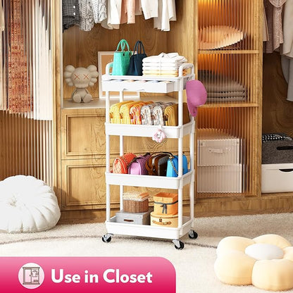 Makeup Cart Organizer with Drawers, 4 Tier Floor Skincare Organizers for Vanity, Rolling Makeup Bathroom Storage Cart Cosmetics Display Cases for Skin Care Perfume Nail Polish, White