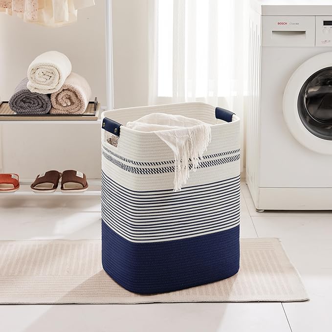 85L Tall Laundry Hamper with Handles for Living Room Storage, Extra Large Woven Rope Baskets Bin for Blanket, Kids Toy, Gifts, Wicker Hamper for Bedroom Dirty Clothes, 17"x14"x22" White Navy